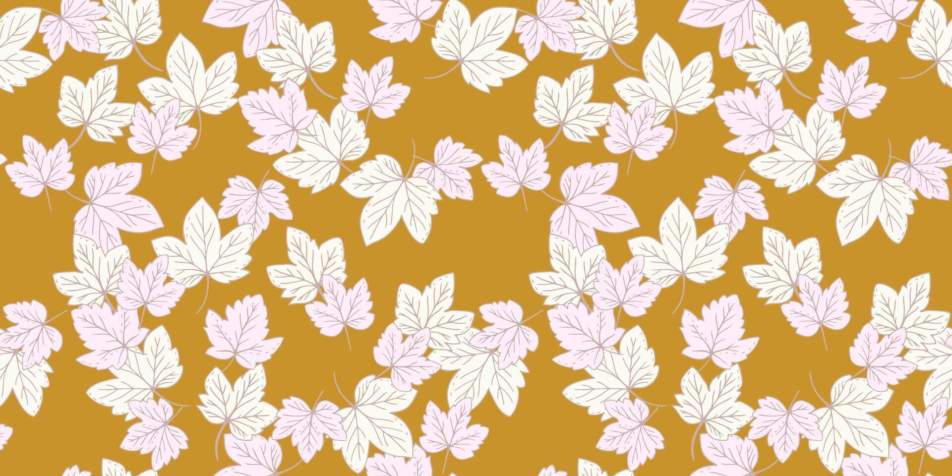 Seamless autumn pattern featuring light maple leaves on a warm mustard background. The soft, pastel leaves create a natural, elegant design perfect for fabric, wallpaper, and stationery vector