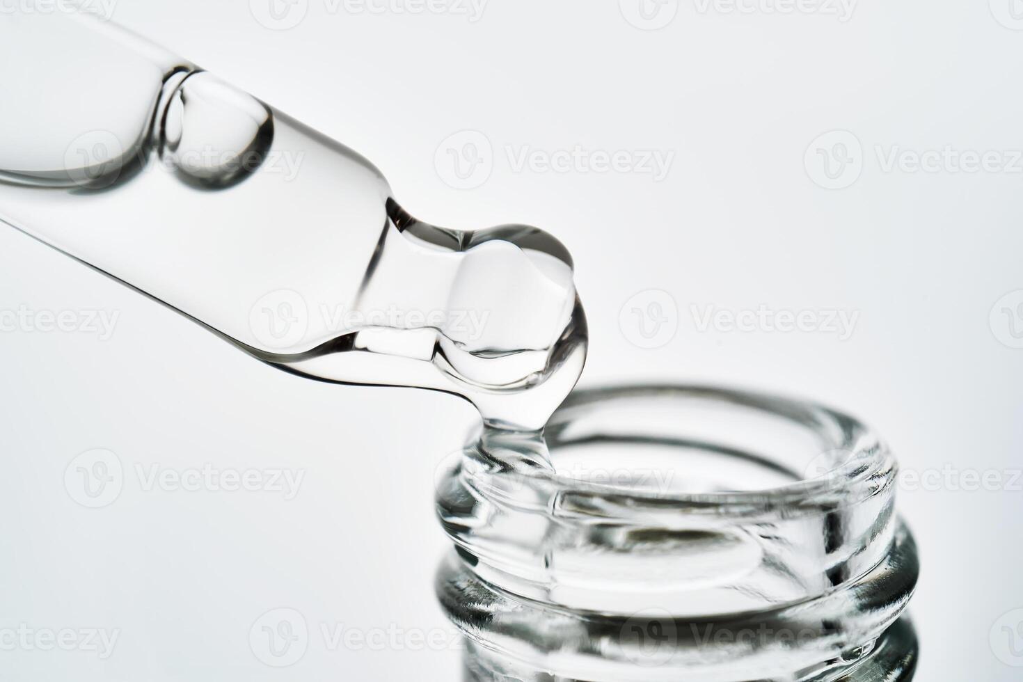 Close-up of a cosmetic bottle with a pipette showing the texture of the serum. photo