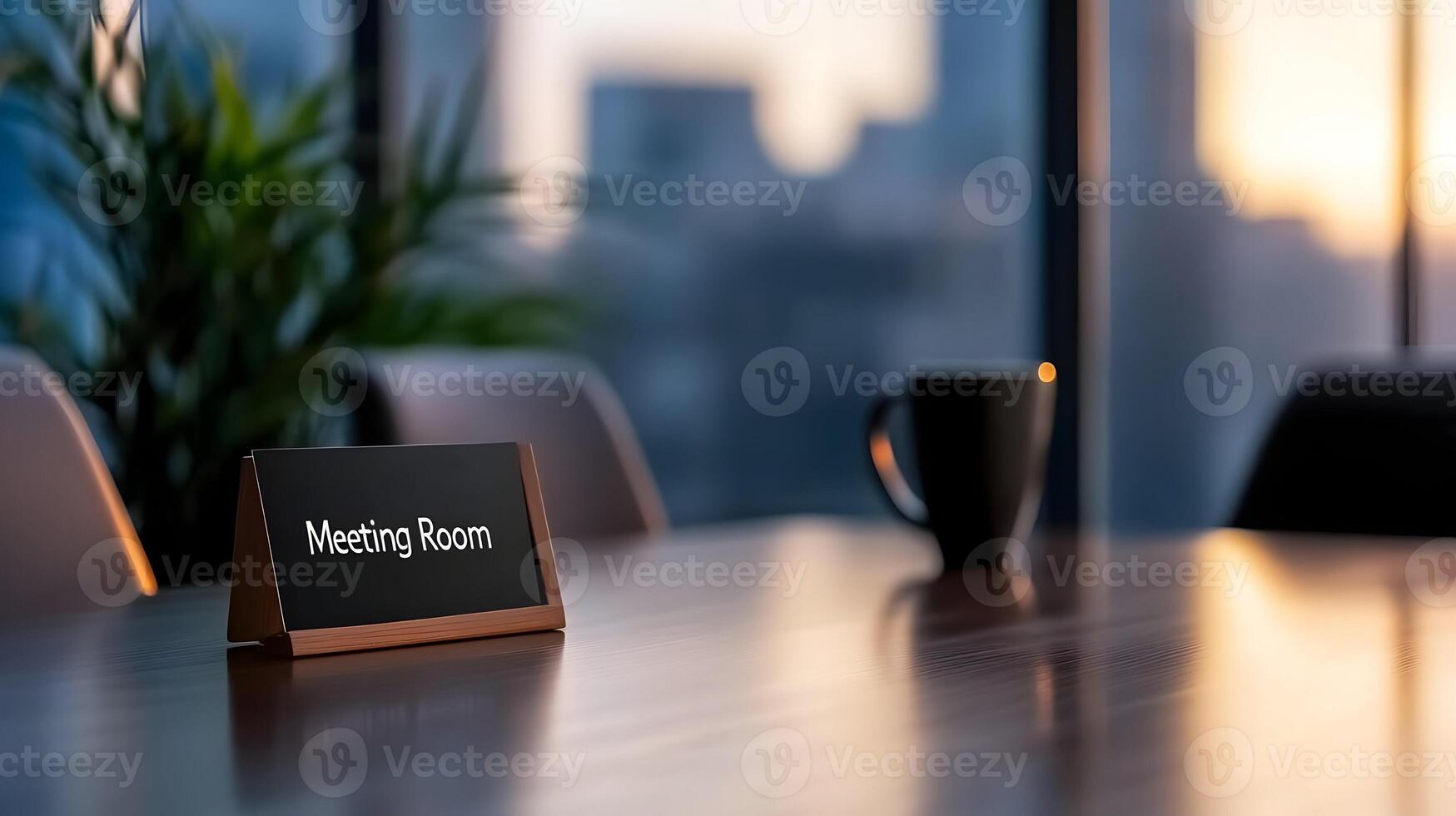 Meeting Room sign on office glass wall with empty collaboration workspace, large table, and armchairs in background. photo