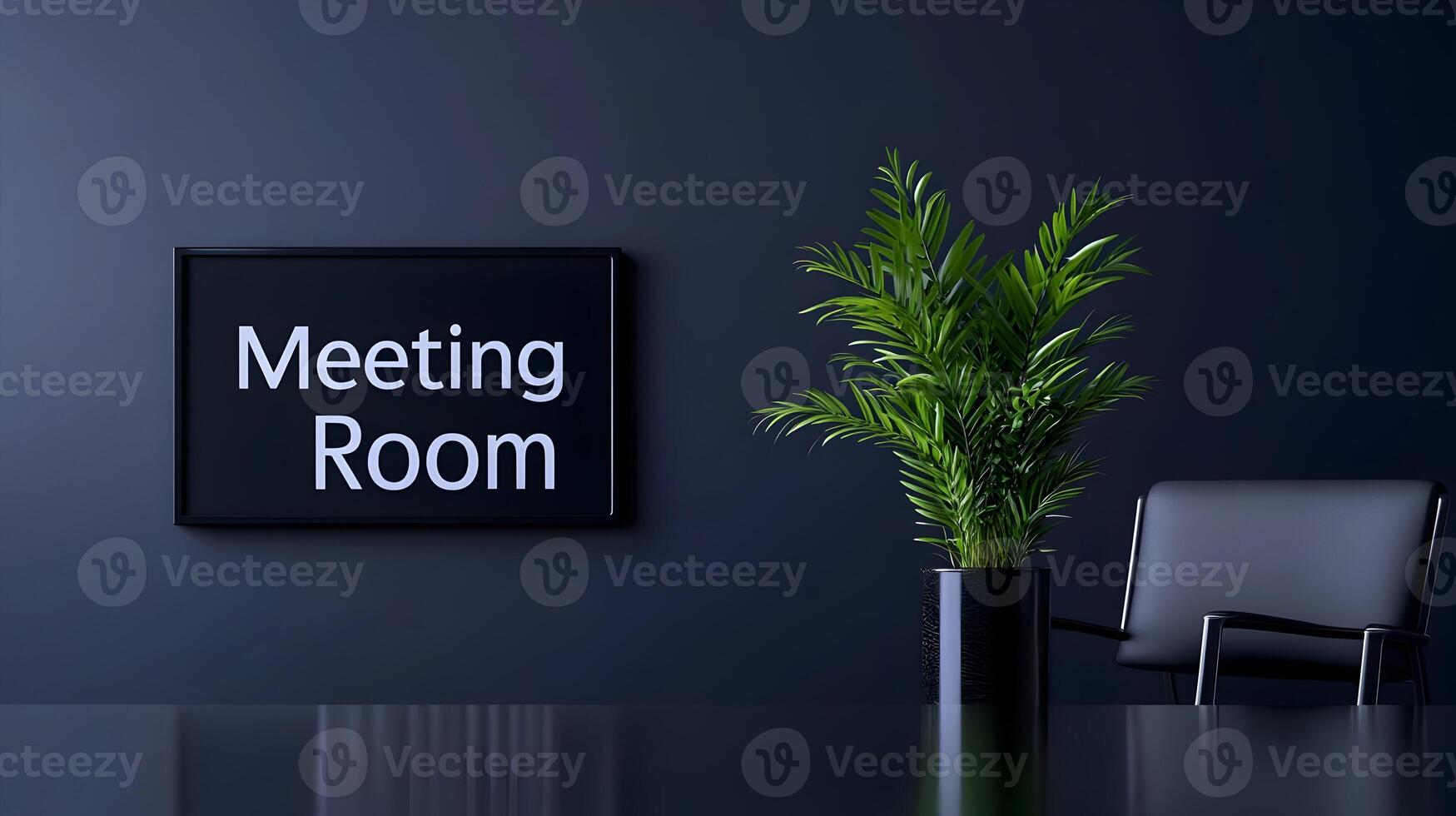 Meeting Room sign on office glass wall with empty collaboration workspace, large table, and armchairs in background. photo