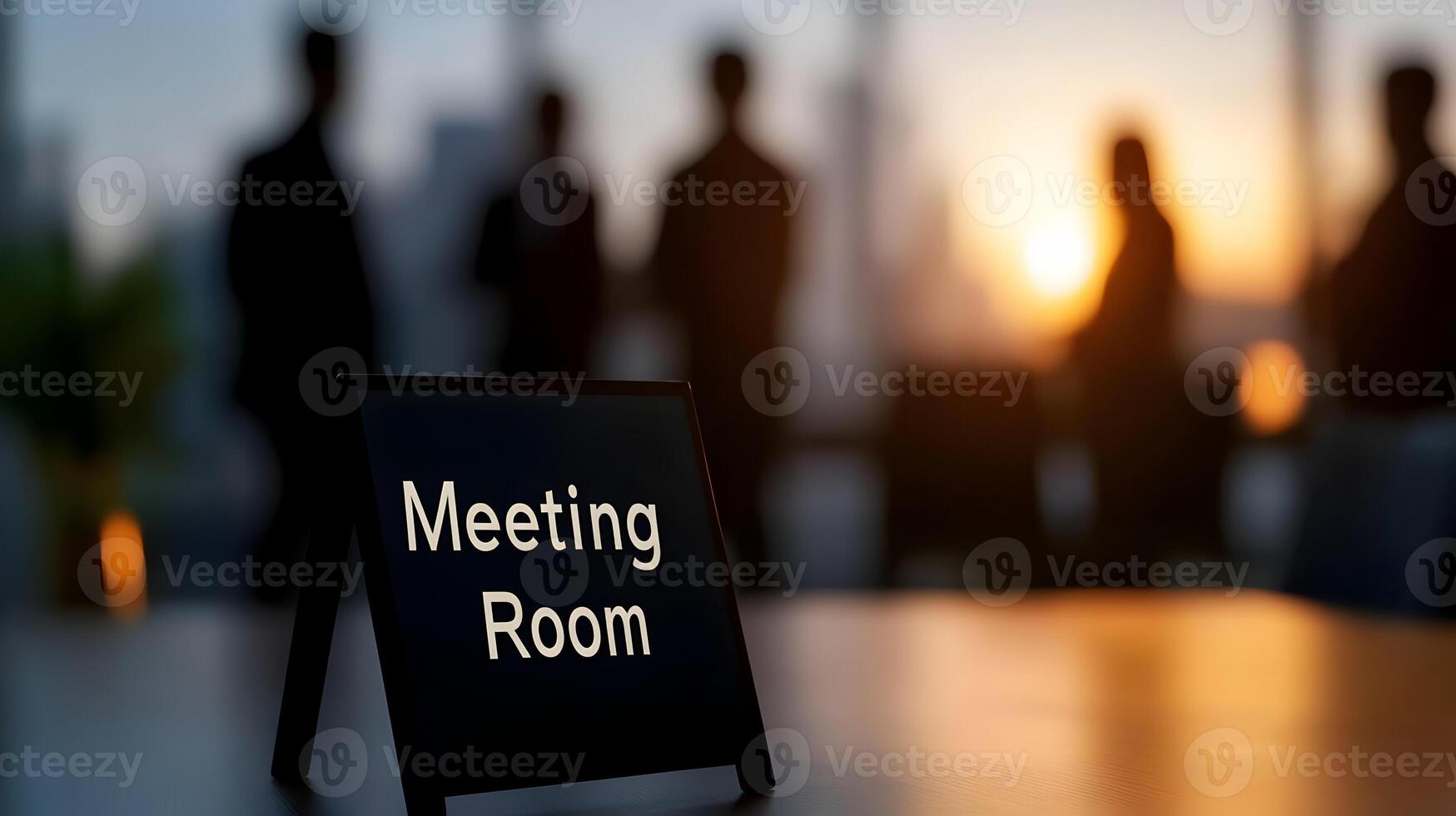 Meeting Room sign on office glass wall with empty collaboration workspace, large table, and armchairs in background. photo