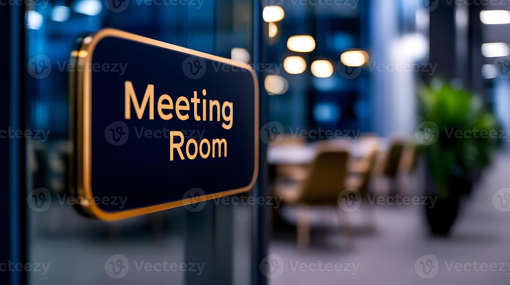 Meeting Room sign on office glass wall with empty collaboration workspace, large table, and armchairs in background. photo