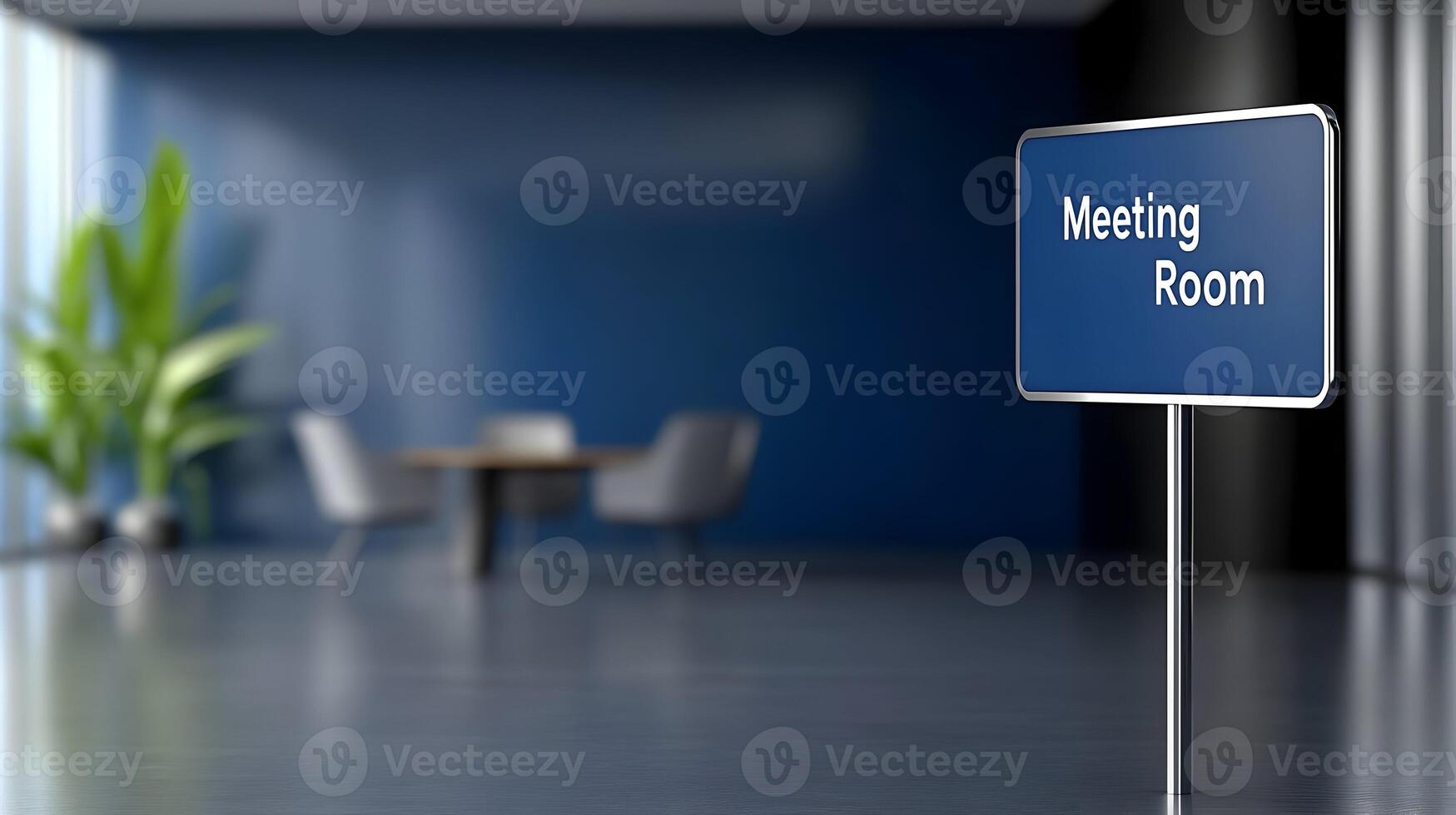 Meeting Room sign on office glass wall with empty collaboration workspace, large table, and armchairs in background. photo