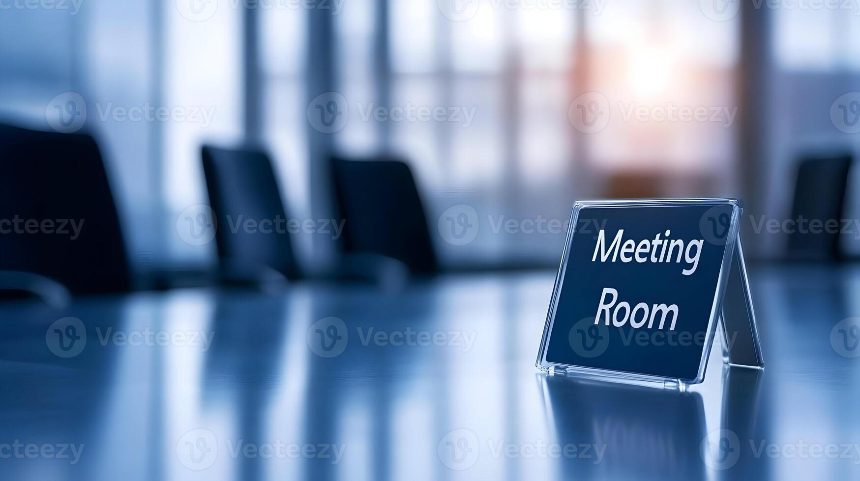 Meeting Room sign on office glass wall with empty collaboration workspace, large table, and armchairs in background. photo