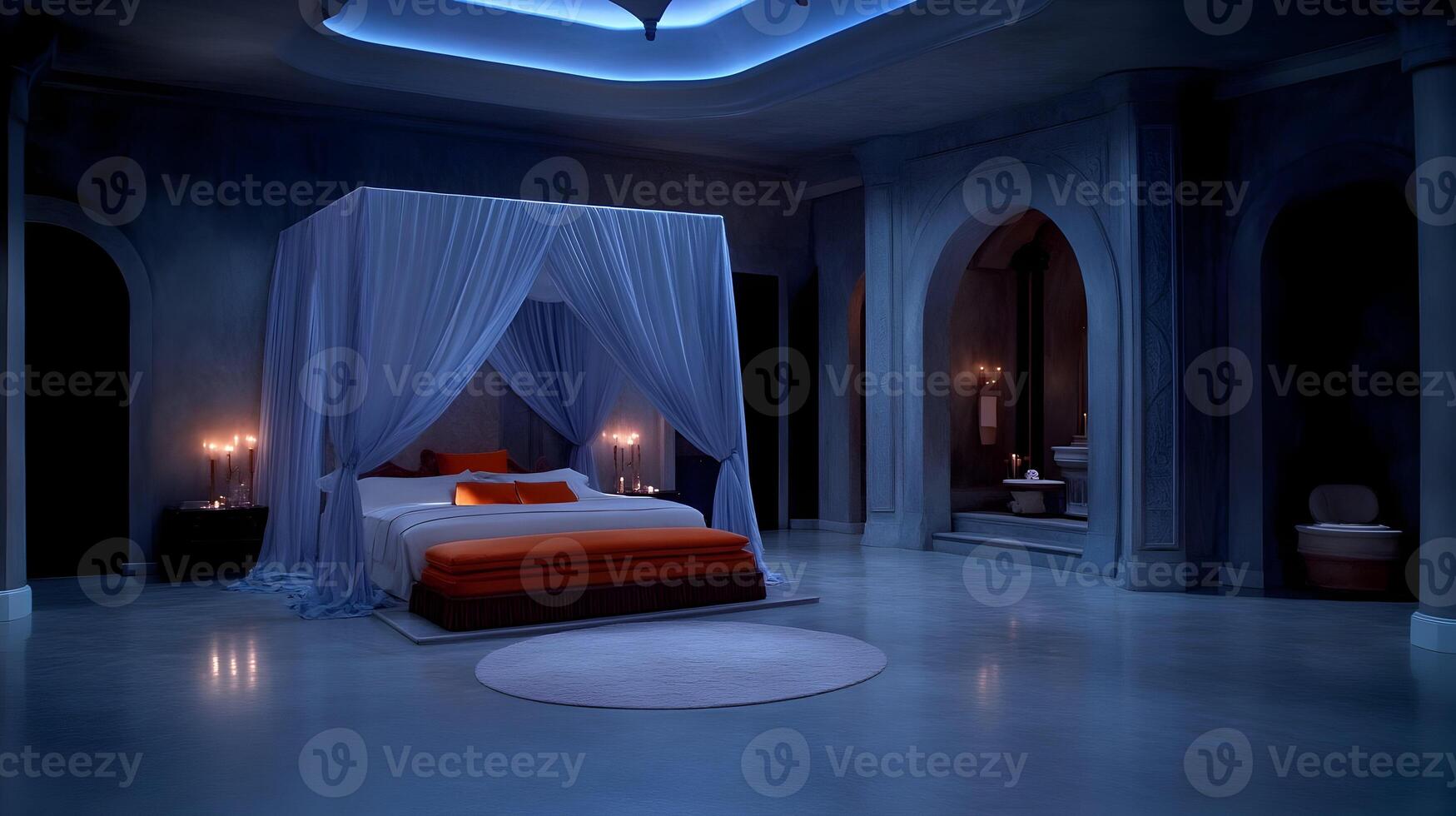 A bed with a canopy and a lamp in the middle of a room photo