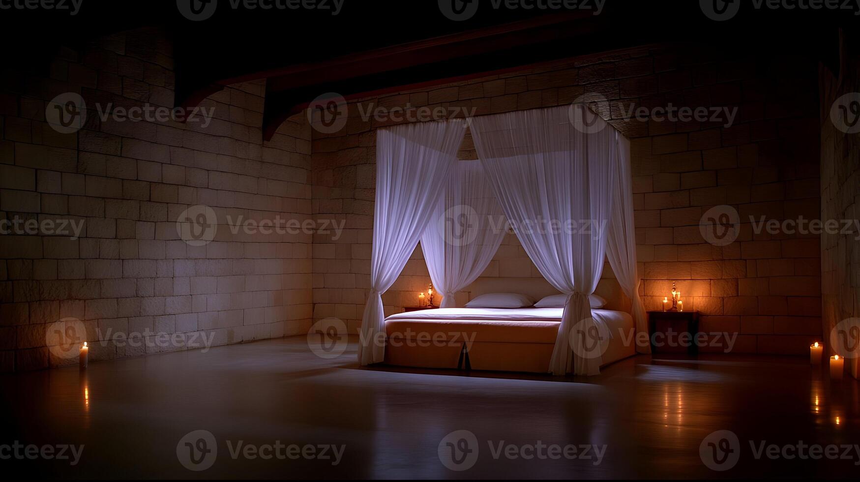 A bed with a canopy and candles in a room photo