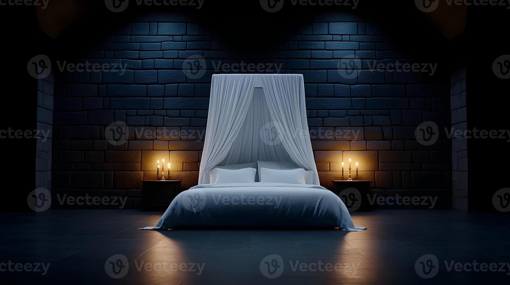 A bed with a canopy and candles in a dark room photo
