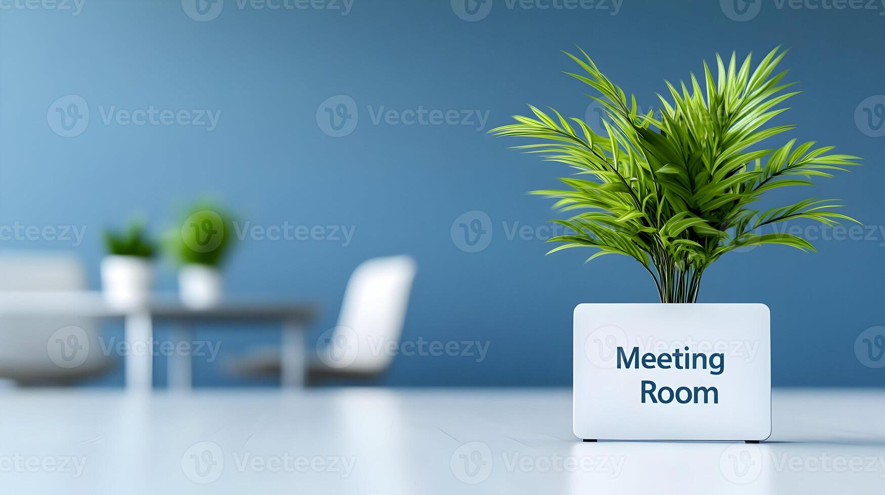Meeting Room sign on office glass wall with empty collaboration workspace, large table, and armchairs in background. photo