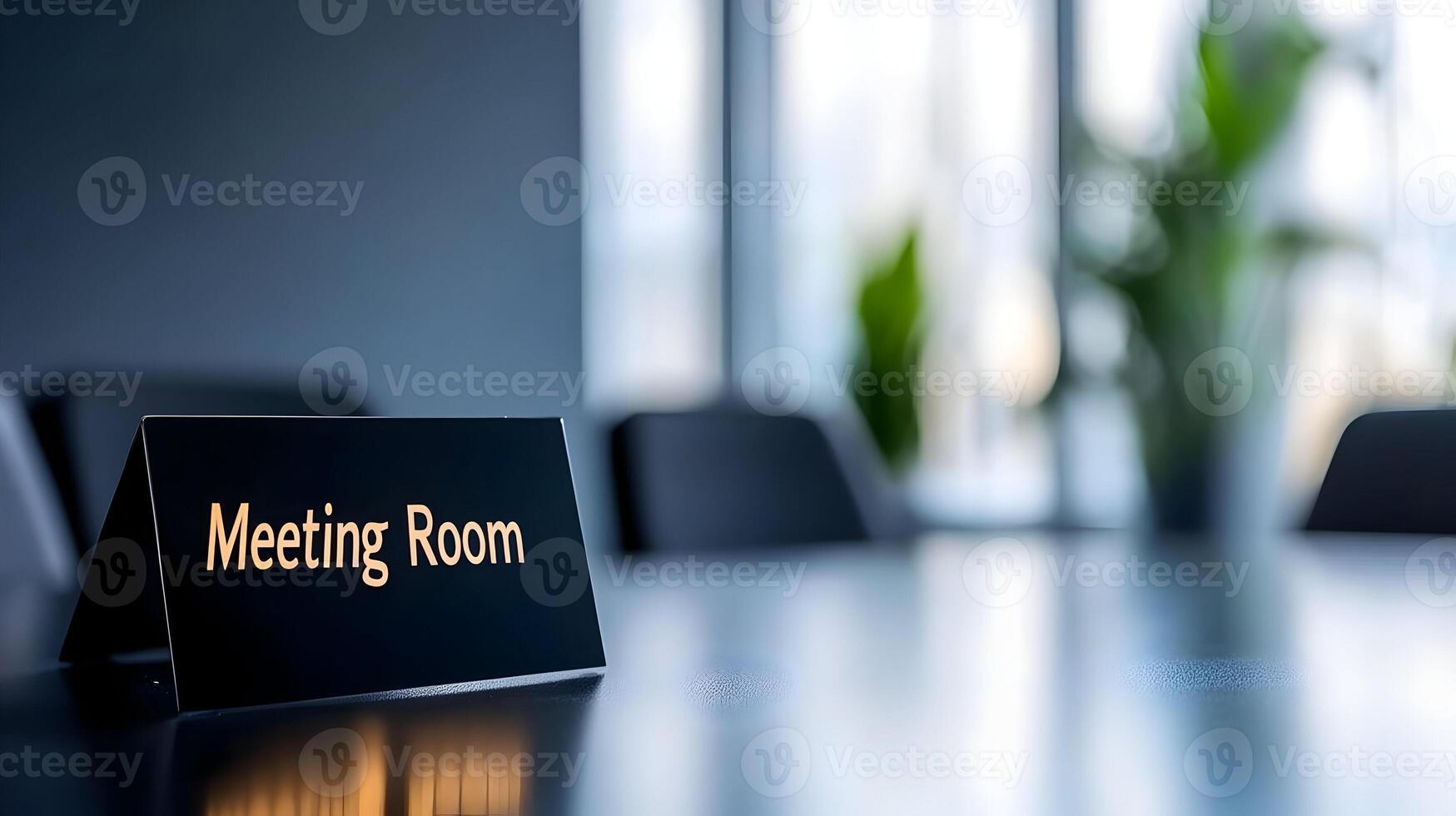 Meeting Room sign on office glass wall with empty collaboration workspace, large table, and armchairs in background. photo