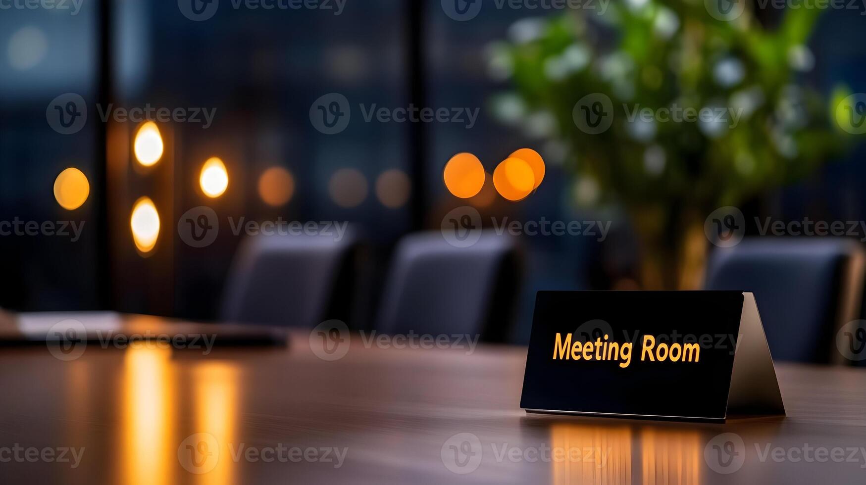 Meeting Room sign on office glass wall with empty collaboration workspace, large table, and armchairs in background. photo
