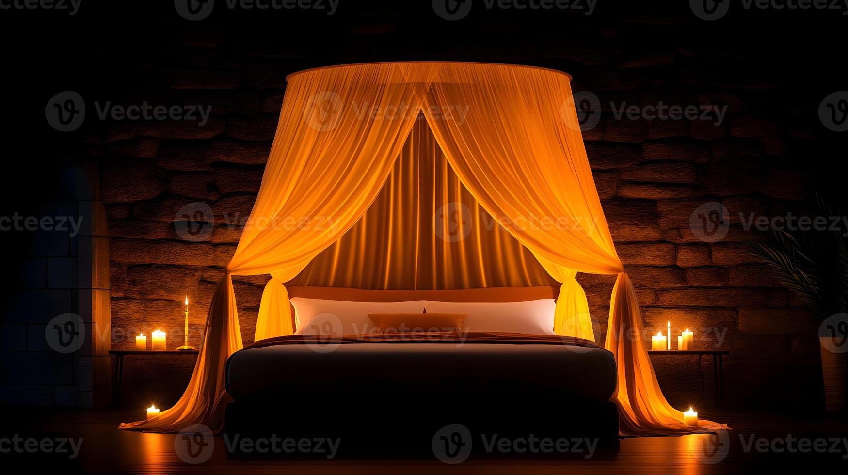 A bed with a canopy and candles in the dark photo