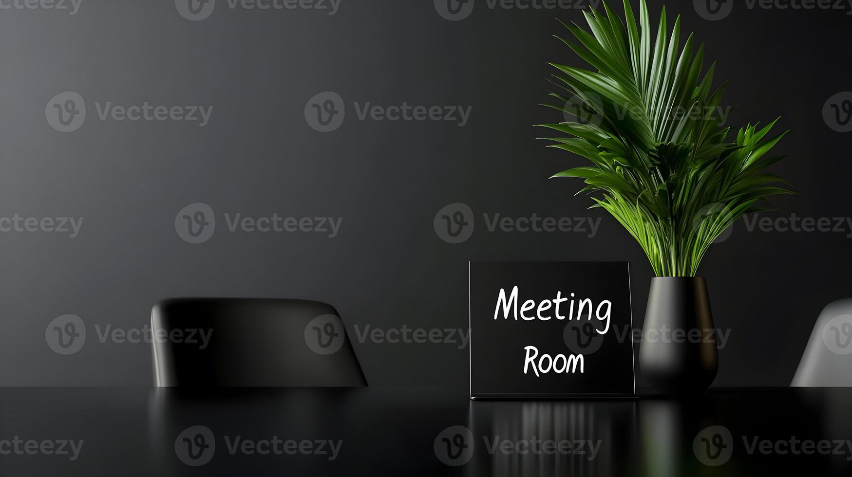 Meeting Room sign on office glass wall with empty collaboration workspace, large table, and armchairs in background. photo