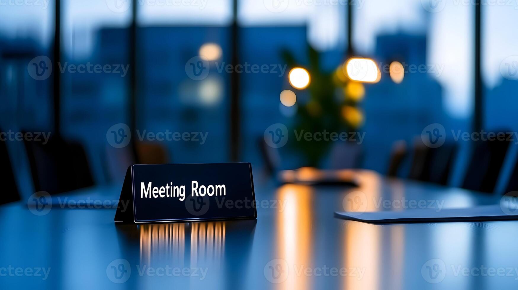 Meeting Room sign on office glass wall with empty collaboration workspace, large table, and armchairs in background. photo