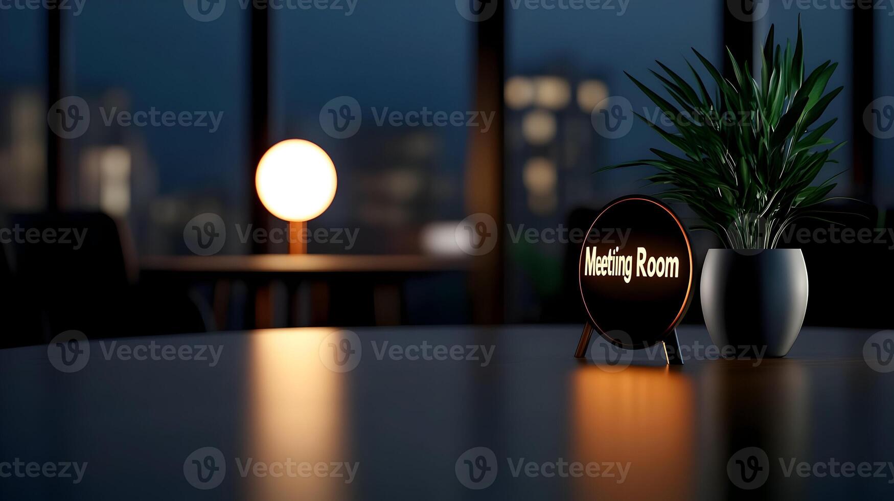Meeting Room sign on office glass wall with empty collaboration workspace, large table, and armchairs in background. photo