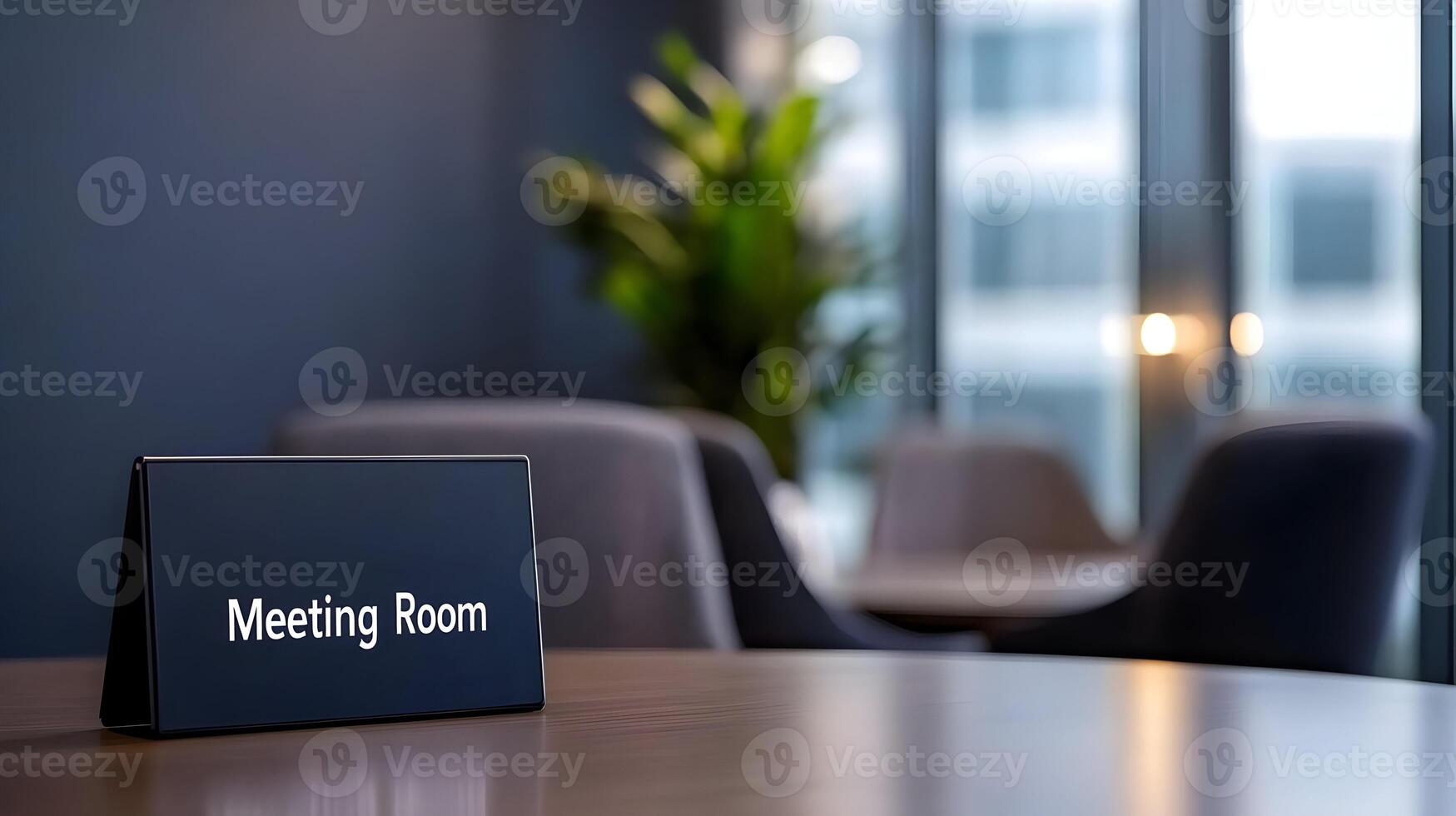 Meeting Room sign on office glass wall with empty collaboration workspace, large table, and armchairs in background. photo