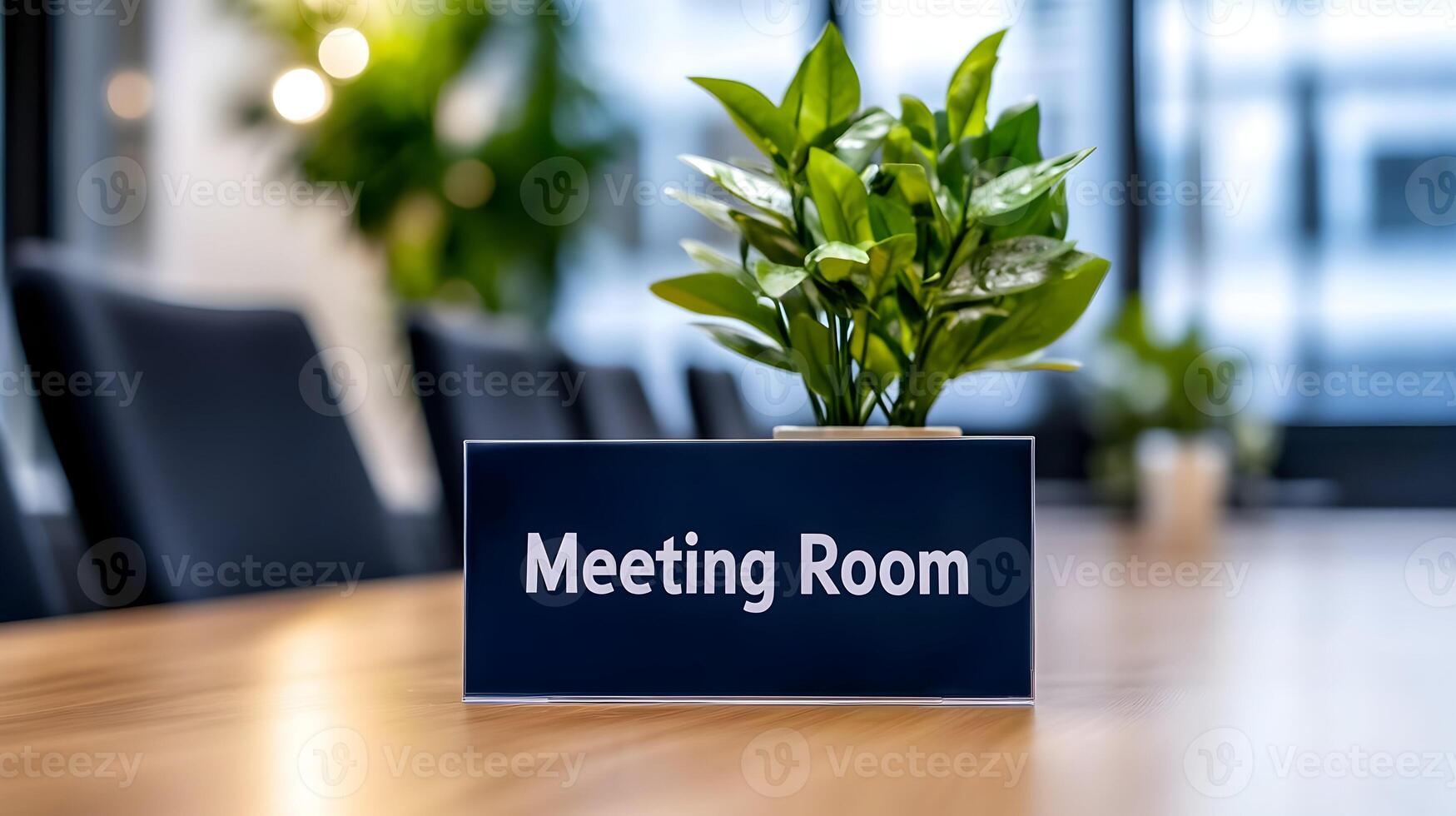 Meeting Room sign on office glass wall with empty collaboration workspace, large table, and armchairs in background. photo