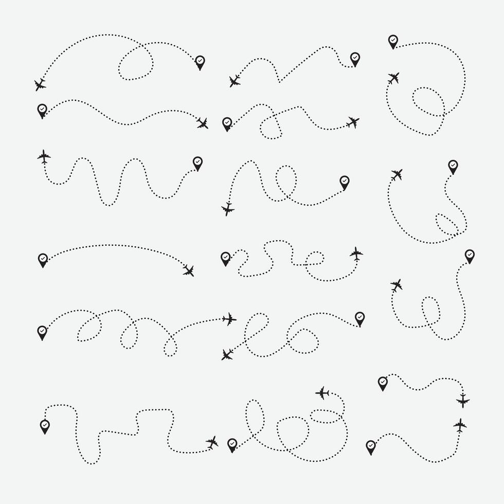 Airplane routes set. Plane route line. Planes dotted flight pathway. Aircraft tracking, planes, travel, map pins, location pins. Airplane flying dotted line to destination vector