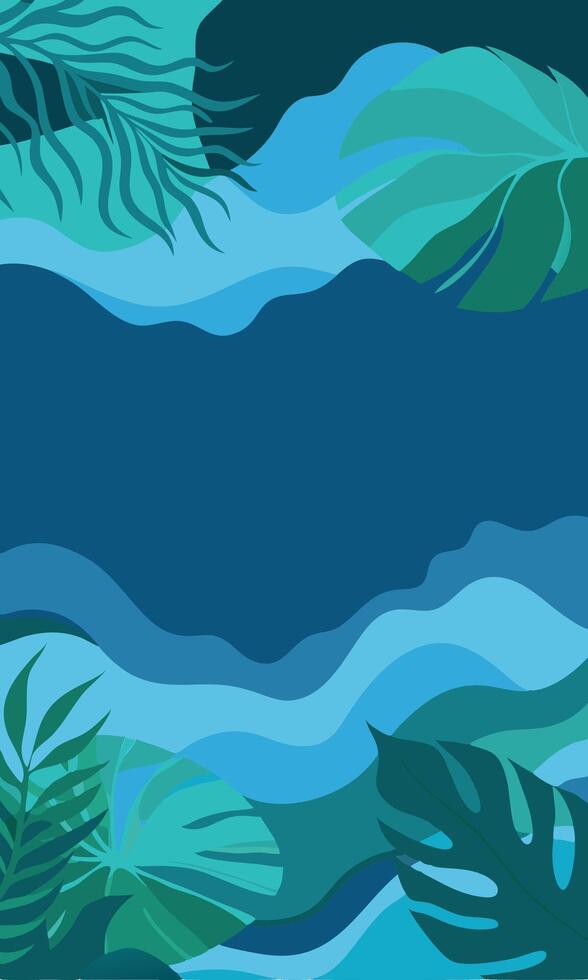 Hand drawn background with tropical leaves and waves vector