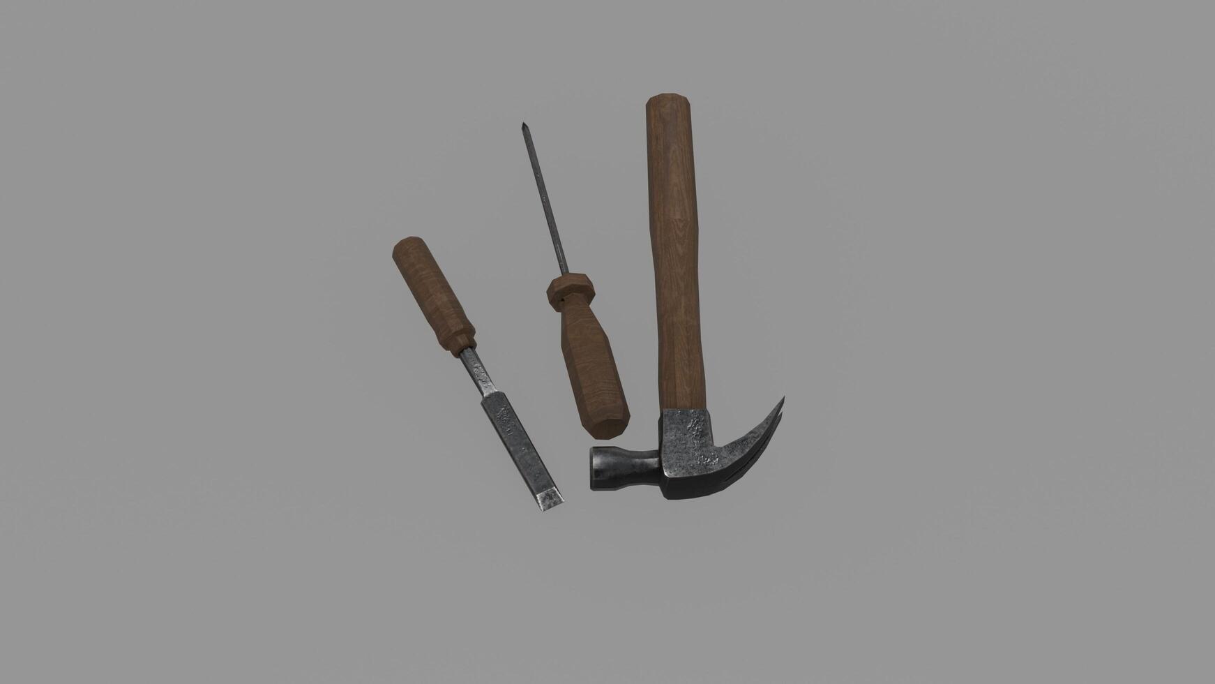 A hammer, screwdriver and screwdriver on a gray background photo