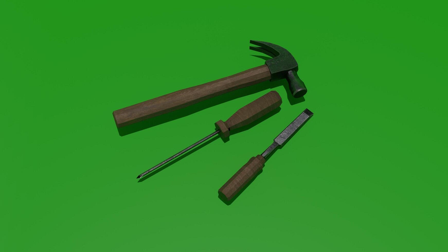 A hammer and screwdriver on a green background photo