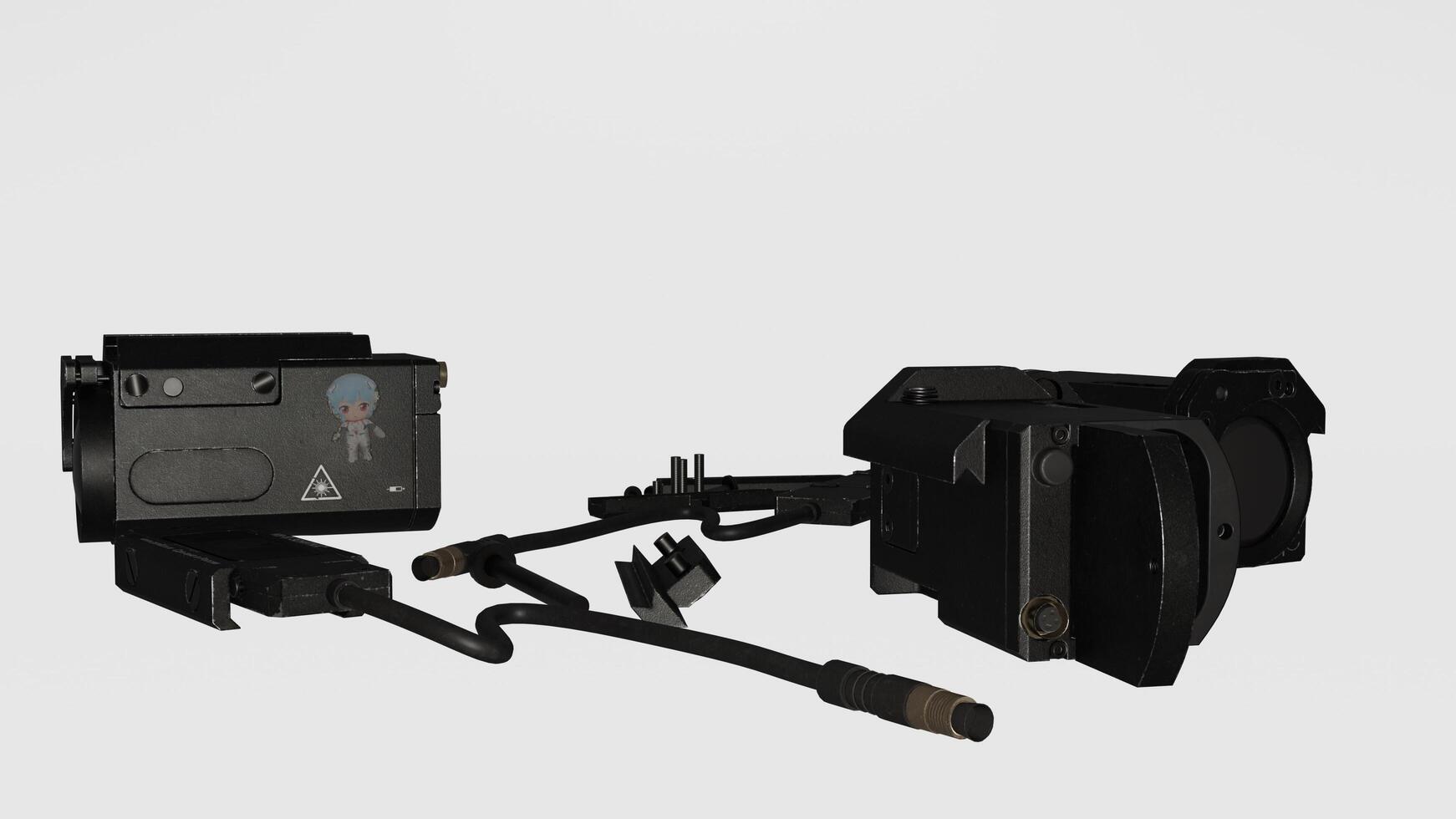 A black camera with a cable attached to it photo