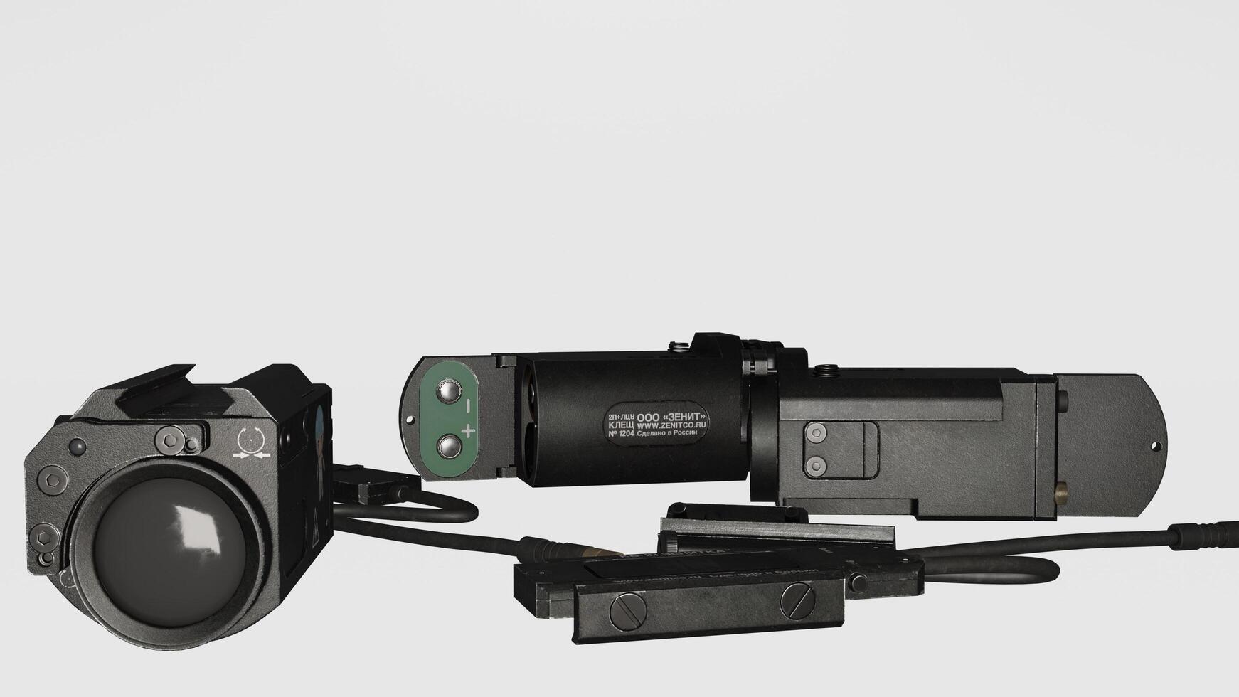 A camera and a flashlight are shown on a white background photo