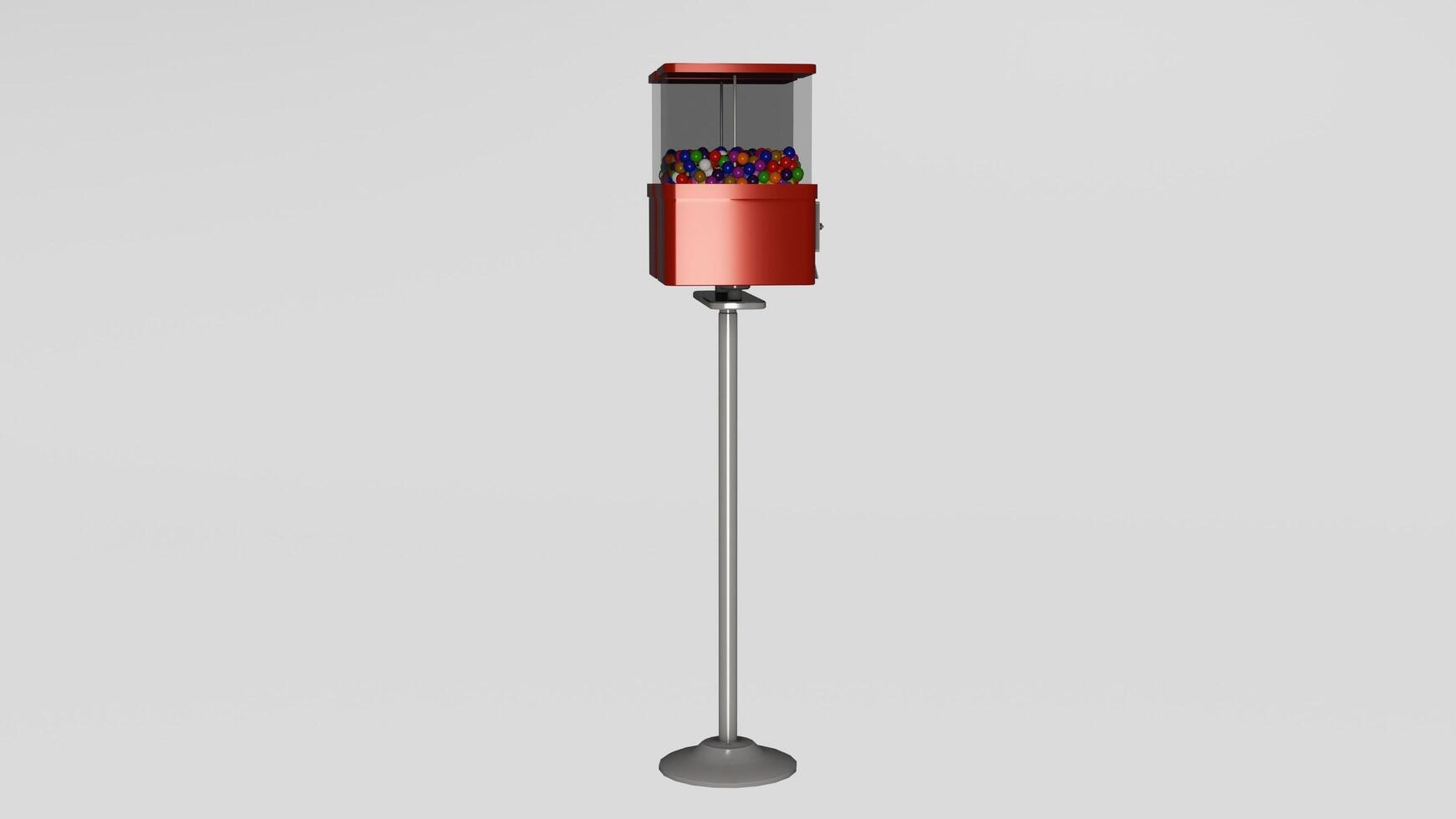 A red gumball machine with a stand on top photo