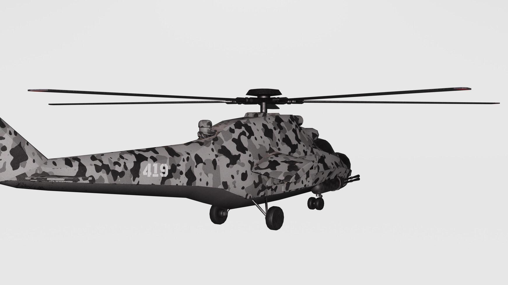 A helicopter with camouflage paint on it is flying in the air photo
