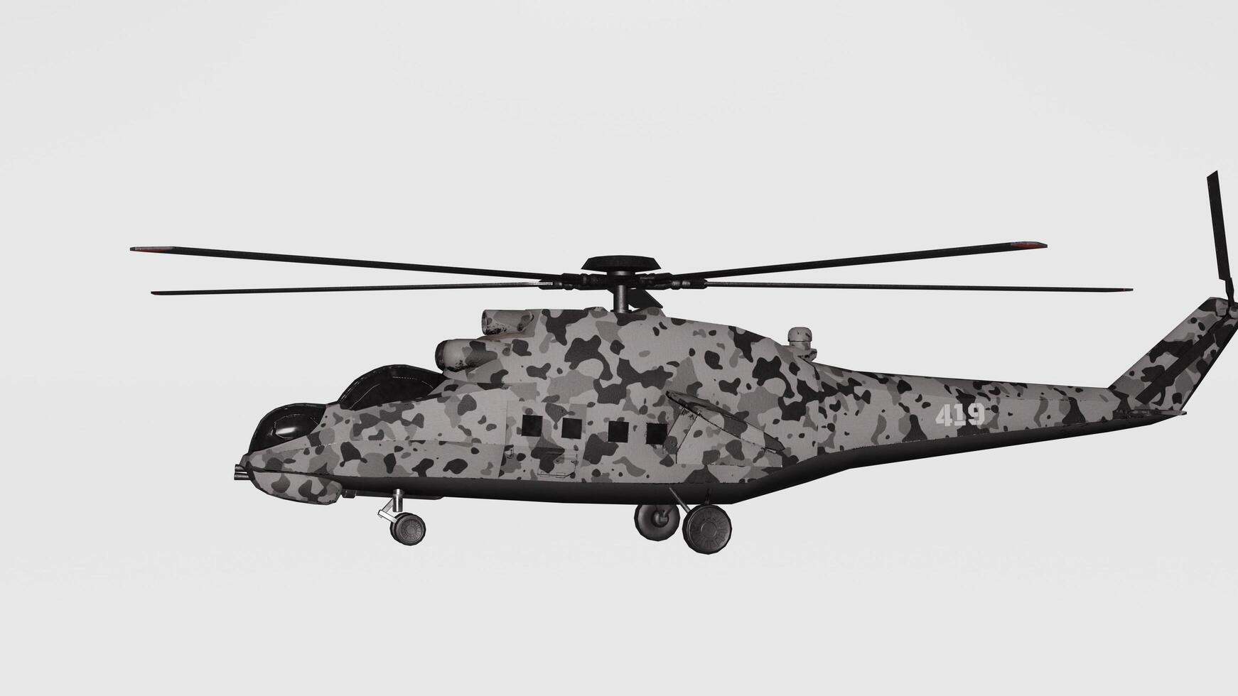 A helicopter with camouflage paint on it is shown photo
