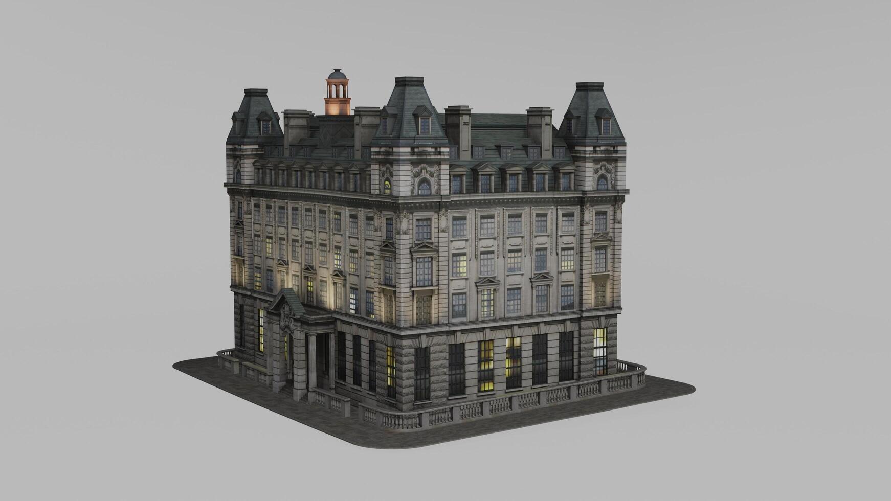 A 3d model of a building with a clock tower photo