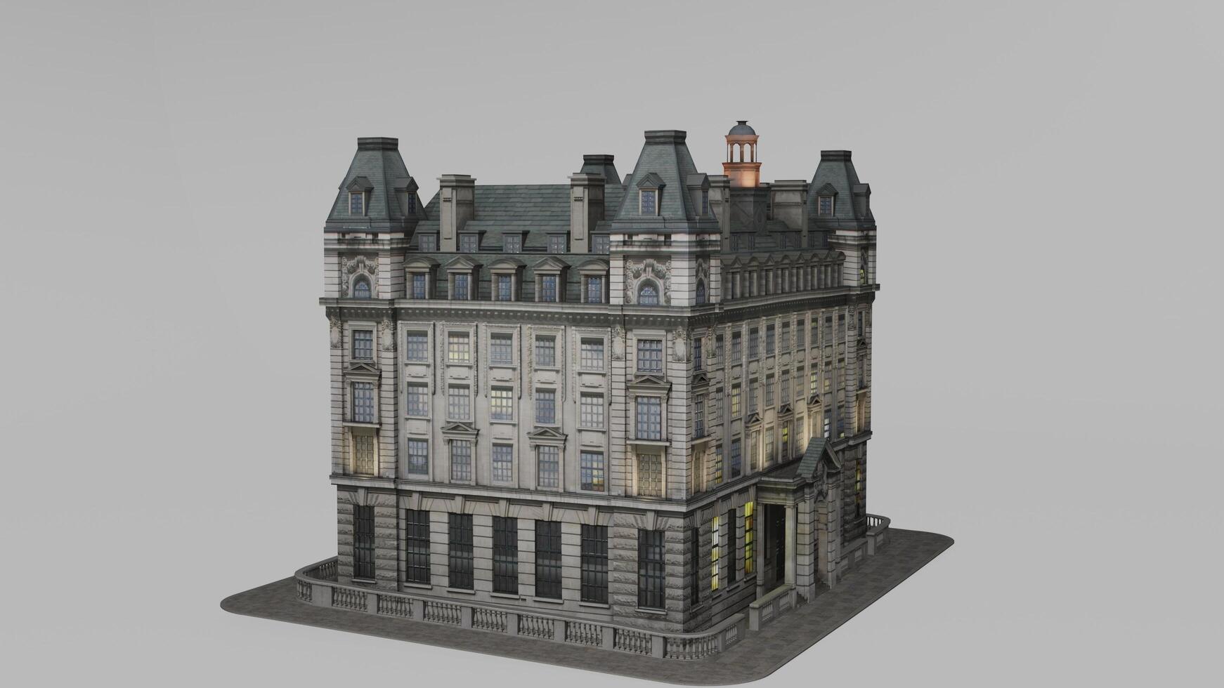 A 3d model of a building with a clock tower photo