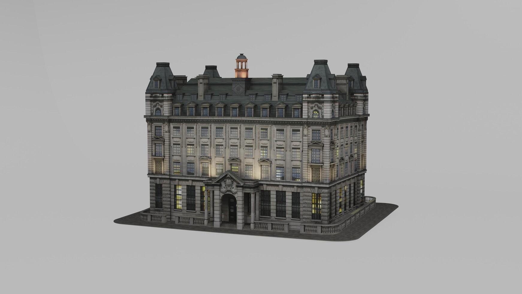 A 3d model of a building with a clock tower photo