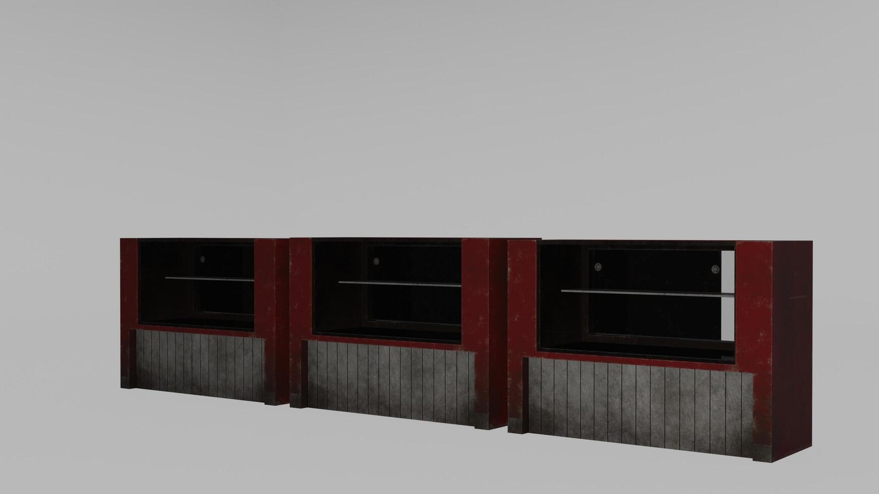 Three red and black cabinets with shelves on each side photo