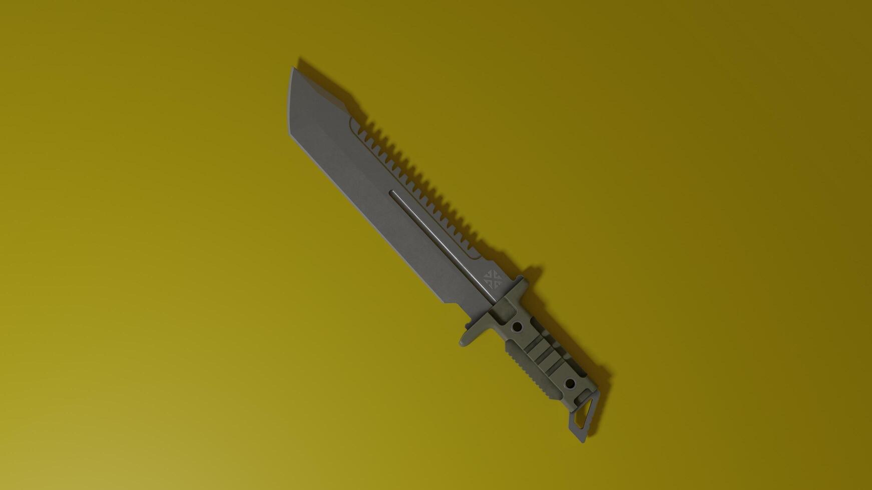 A knife on a yellow background with a black handle photo