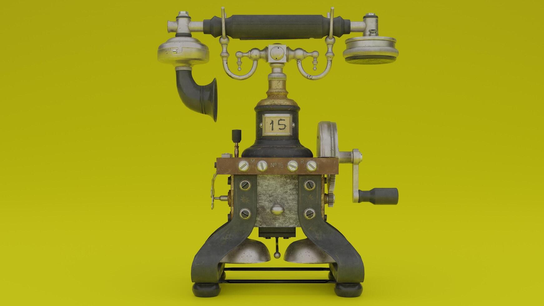 A vintage telephone on a yellow background photo