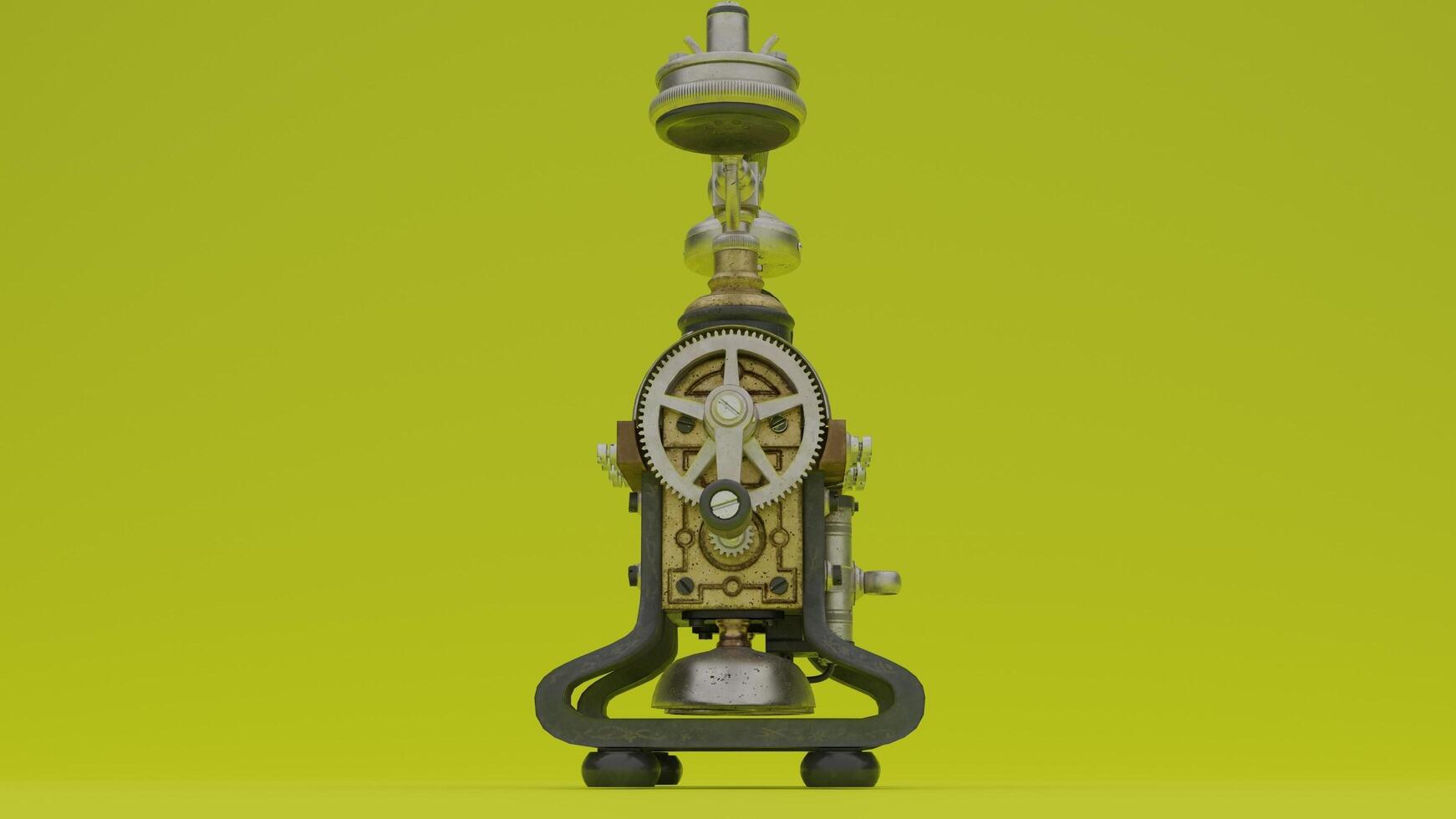 A small steam powered clock on a green background photo