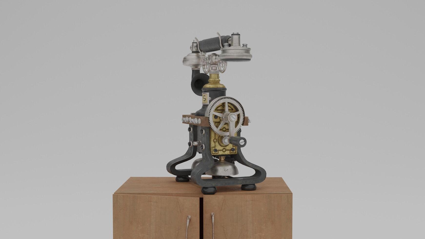 A small steam engine on top of a wooden stand photo