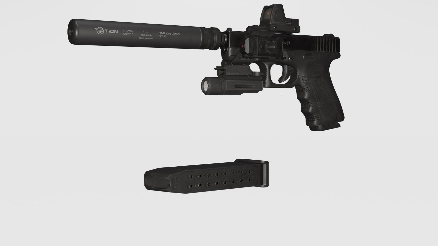 A gun with a magazine and a magazine on a white background photo