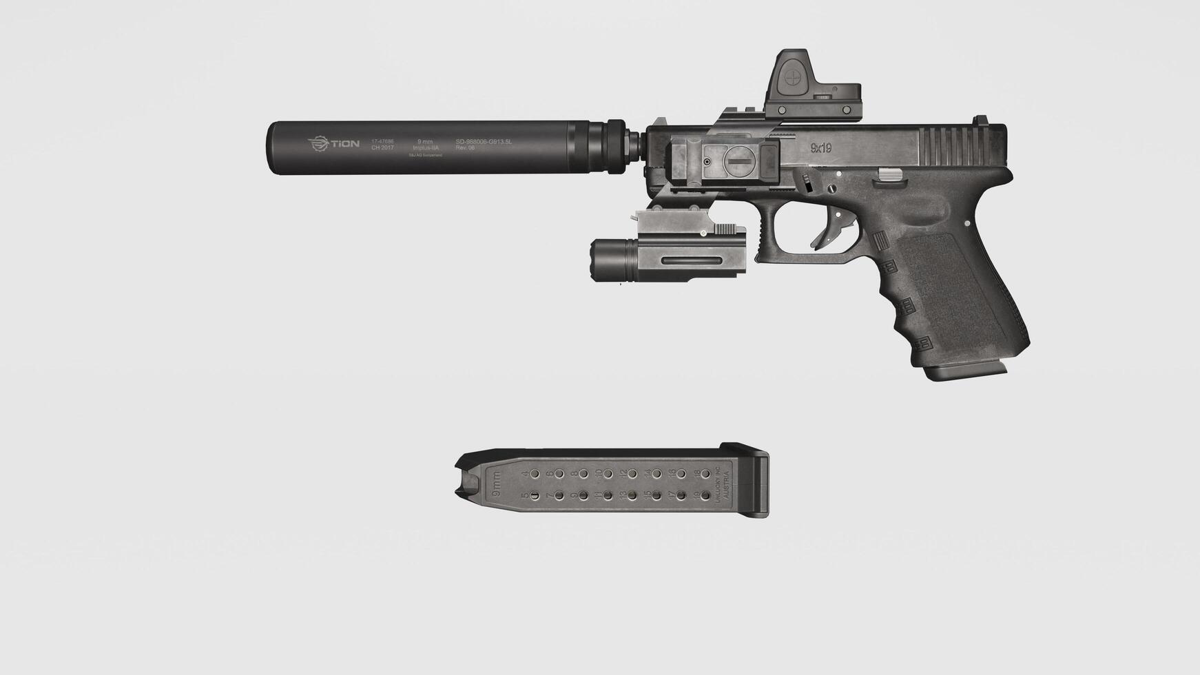 A gun and a magazine on a white background photo