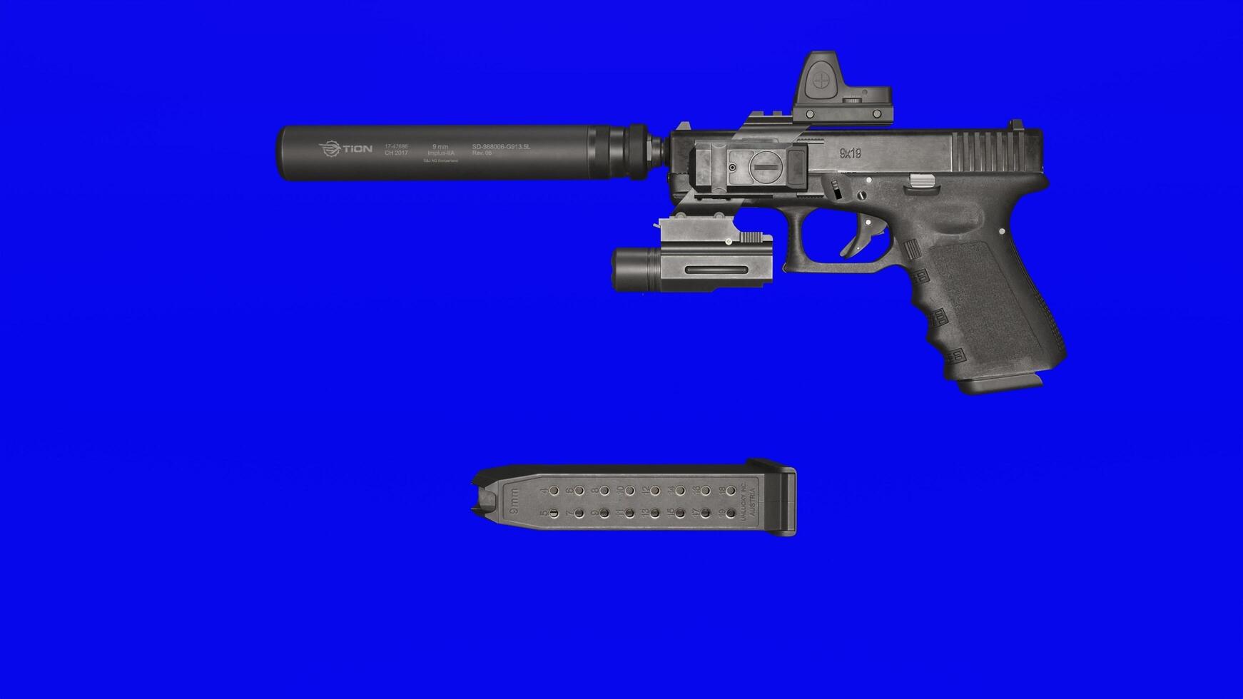 A gun and magazine on a blue background photo