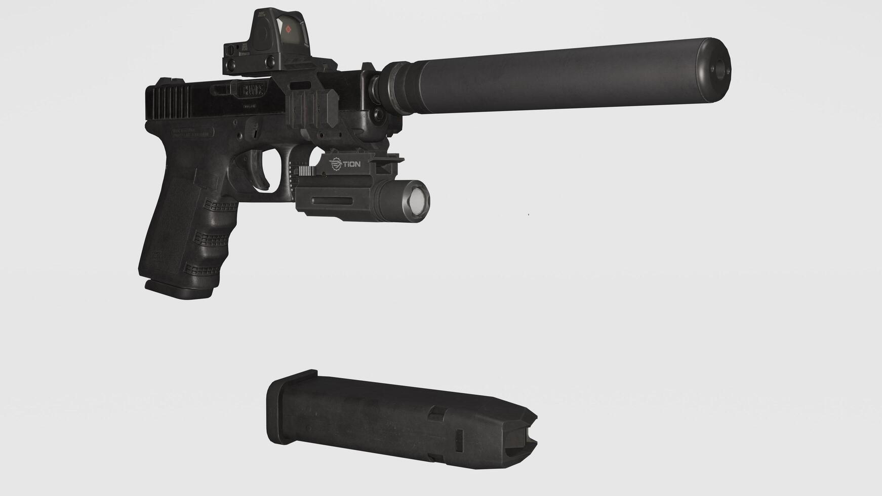A gun and a flashlight on a white background photo