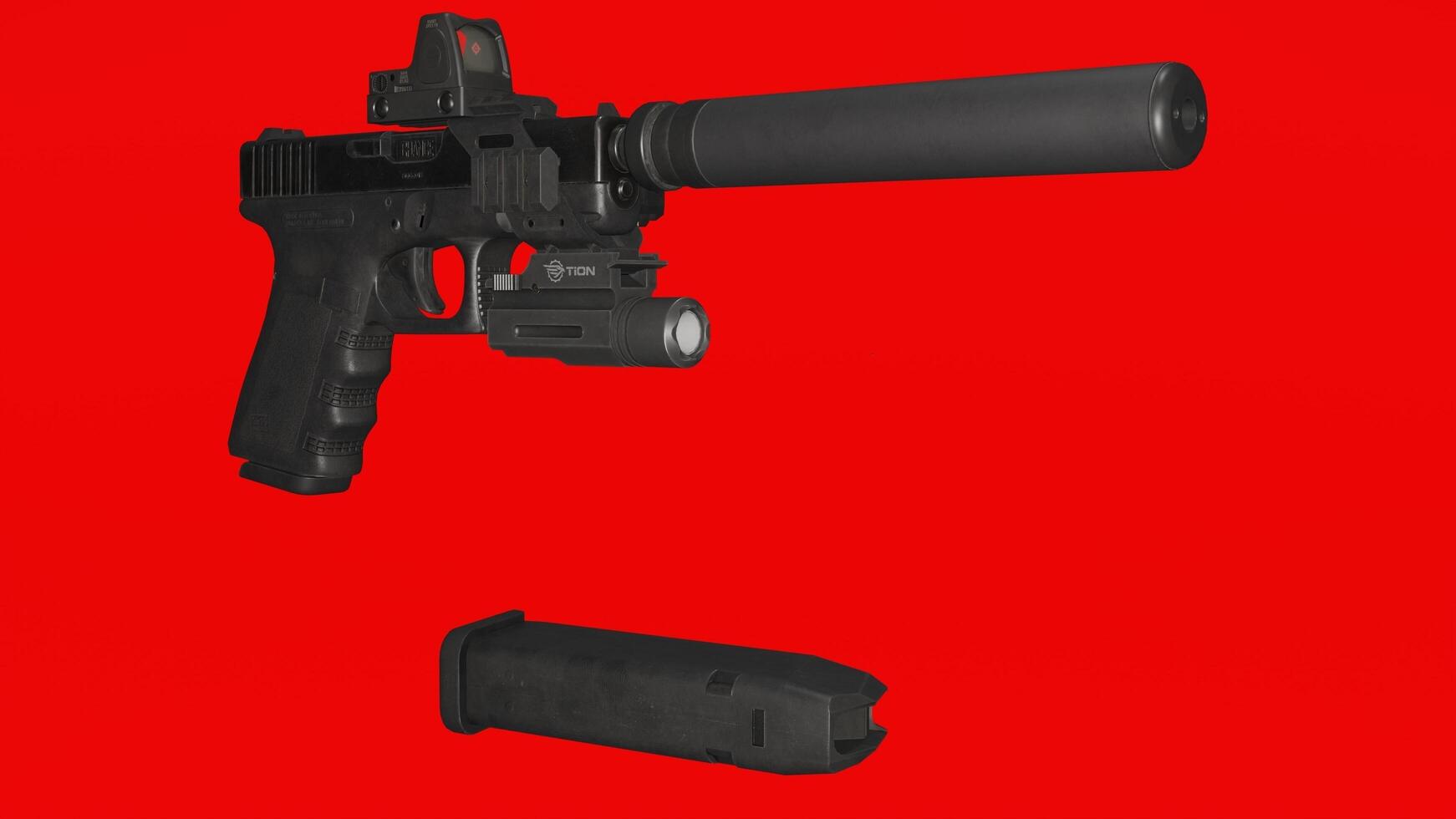 A gun and a magazine on a red background photo