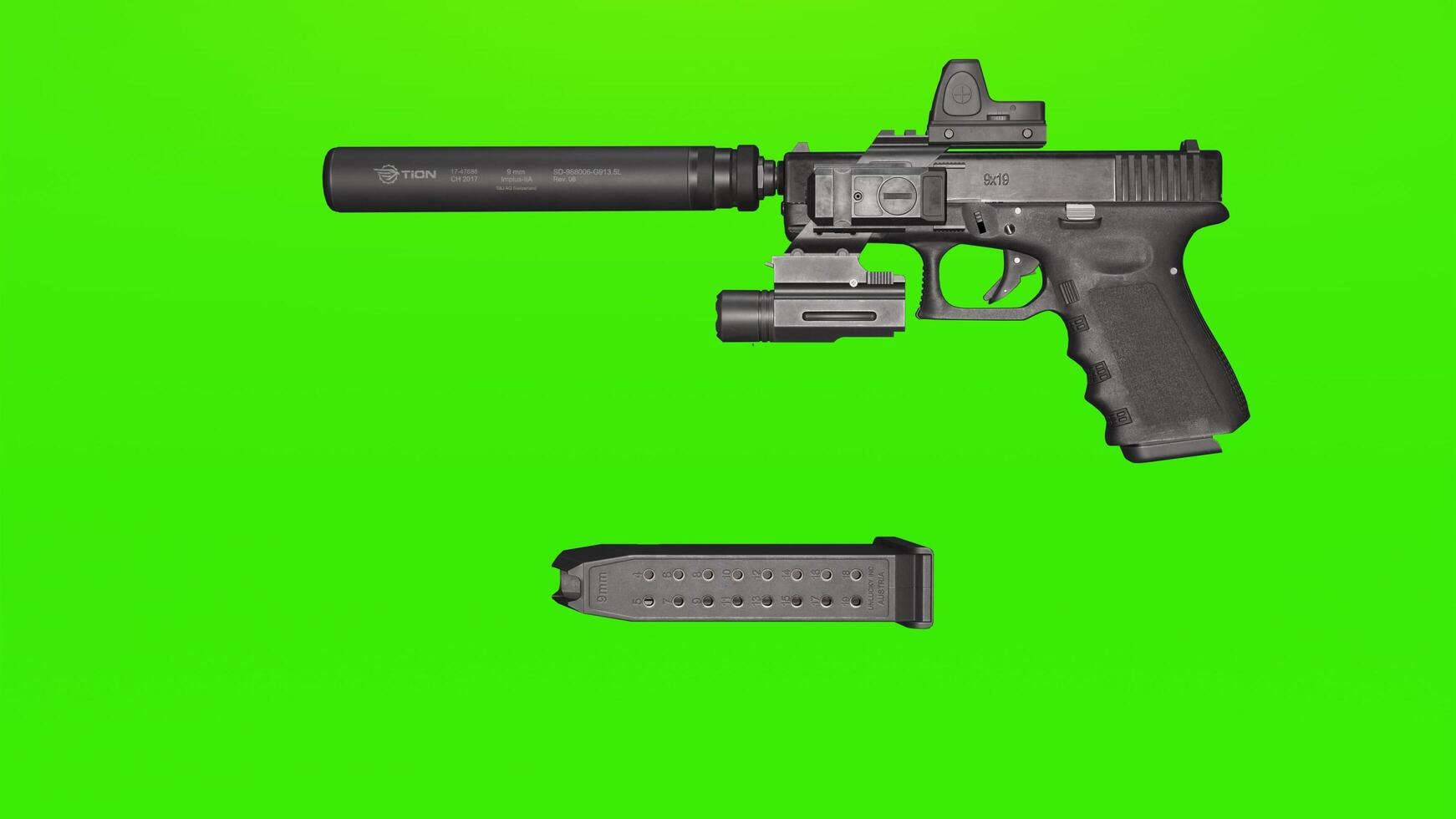 A gun and a magazine on a green screen photo