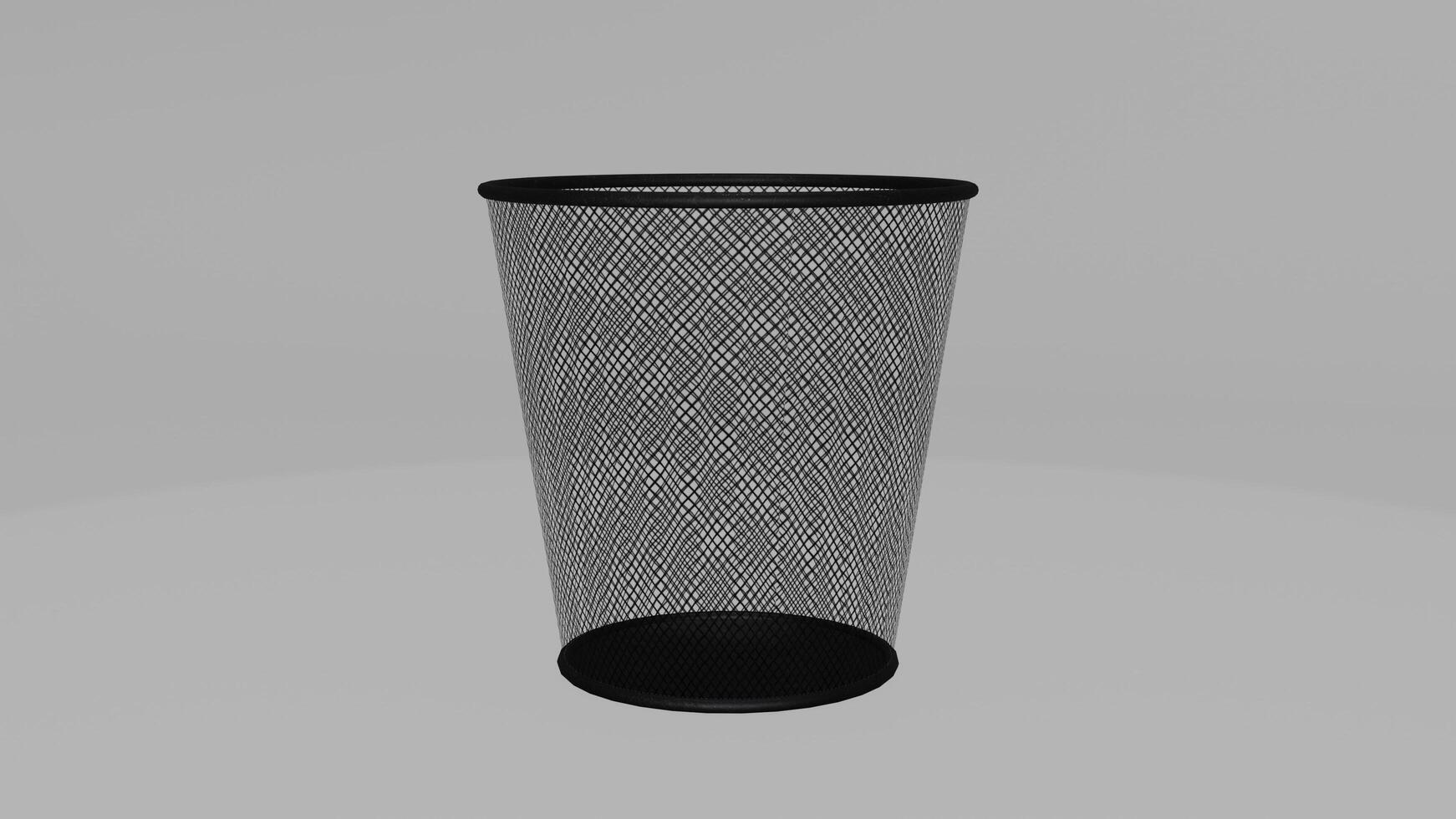 A black trash can with mesh netting on top photo
