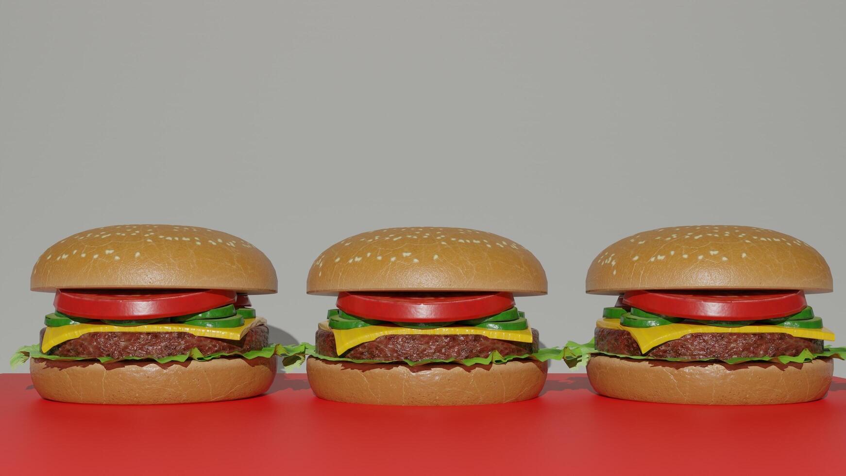 Three hamburgers are shown on a red surface photo