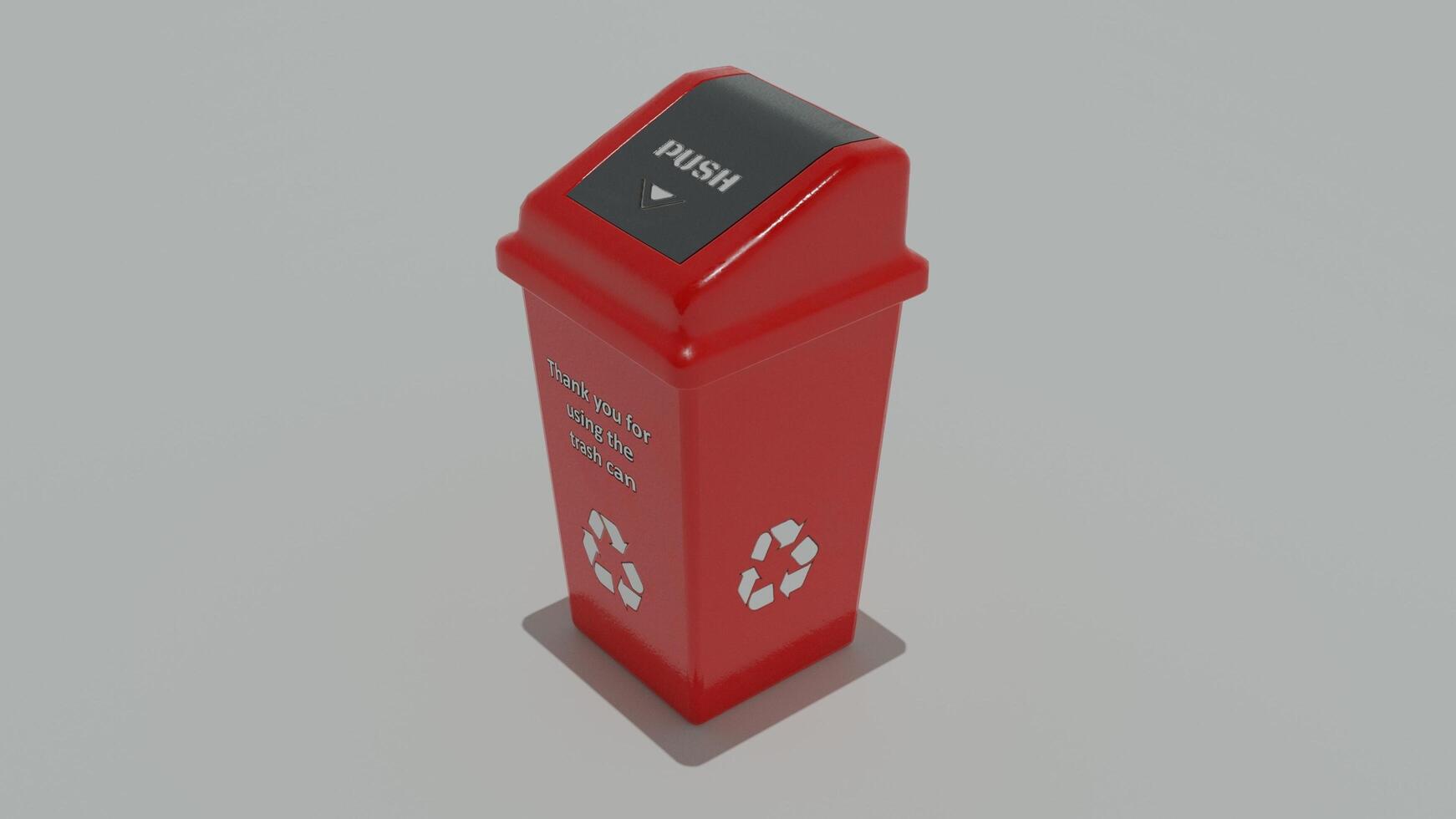 A red trash can with a recycling symbol on it photo
