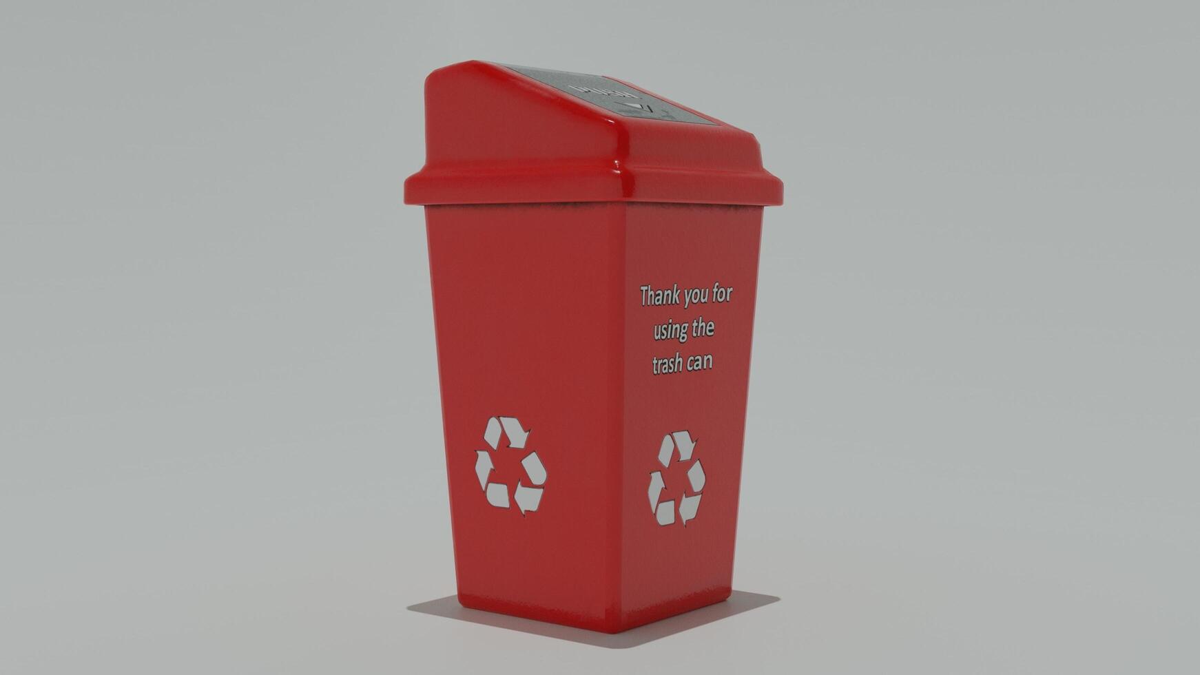 A red trash can with a recycling symbol on it photo