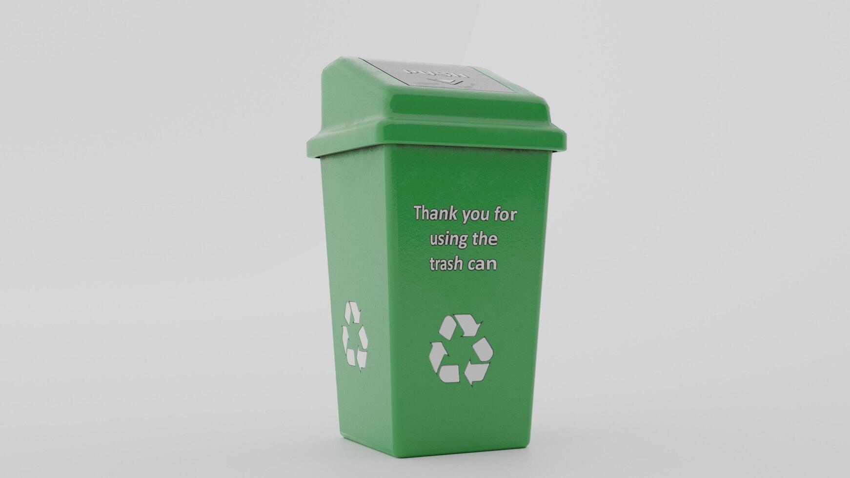 A green trash can with a recycling symbol on it photo