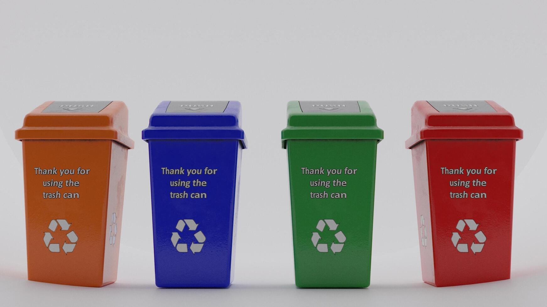 Three colorful trash cans with the words thank you on them photo