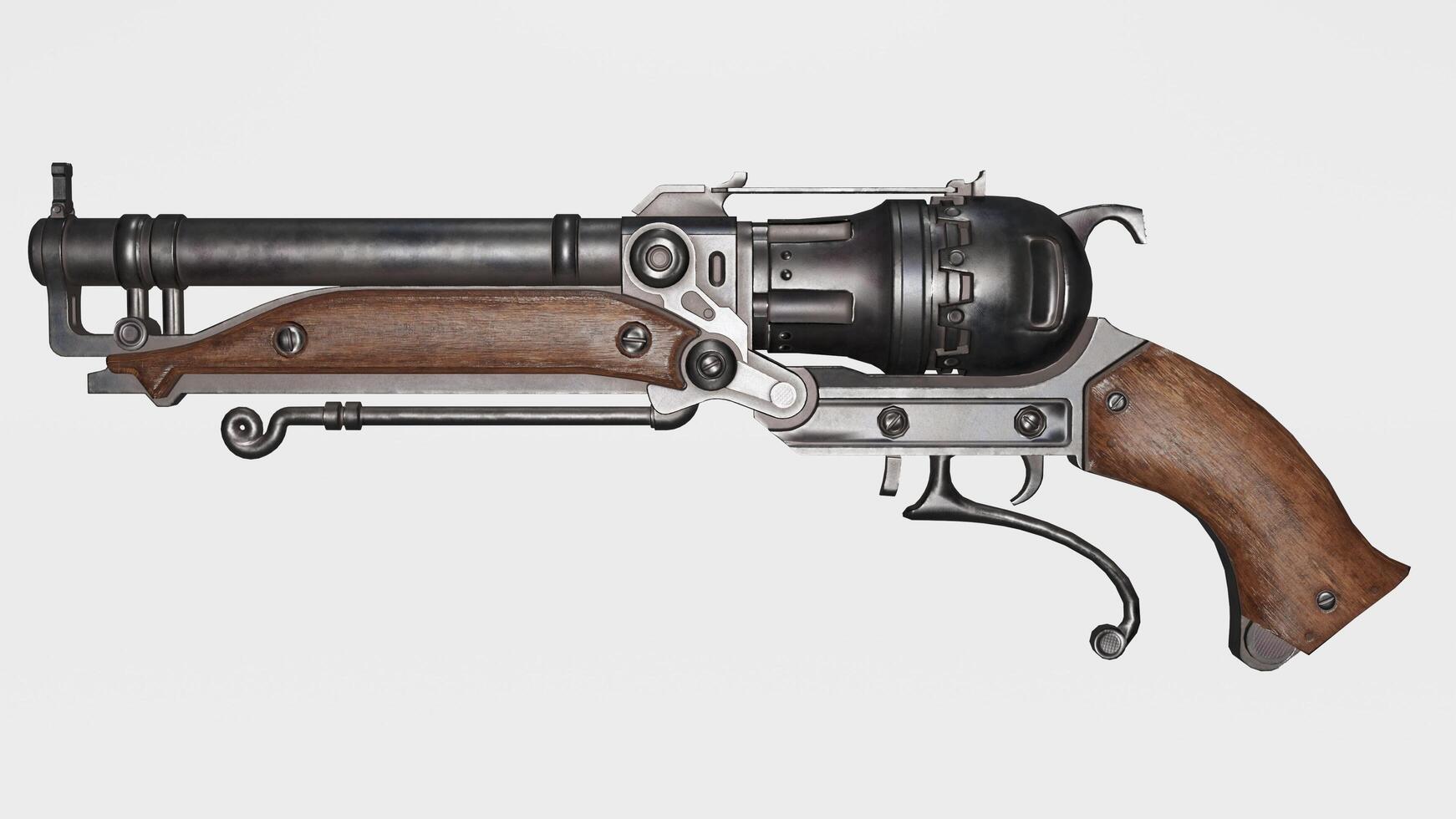 A revolver with a wooden handle and metal barrel photo